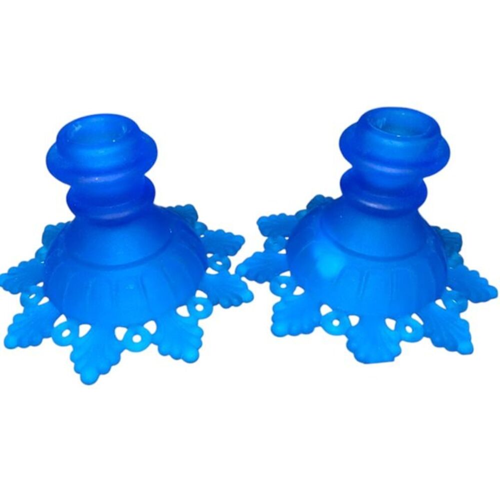 Vintage Blue Satin Glass Westmoreland Doric Lace Candlestick Holders
